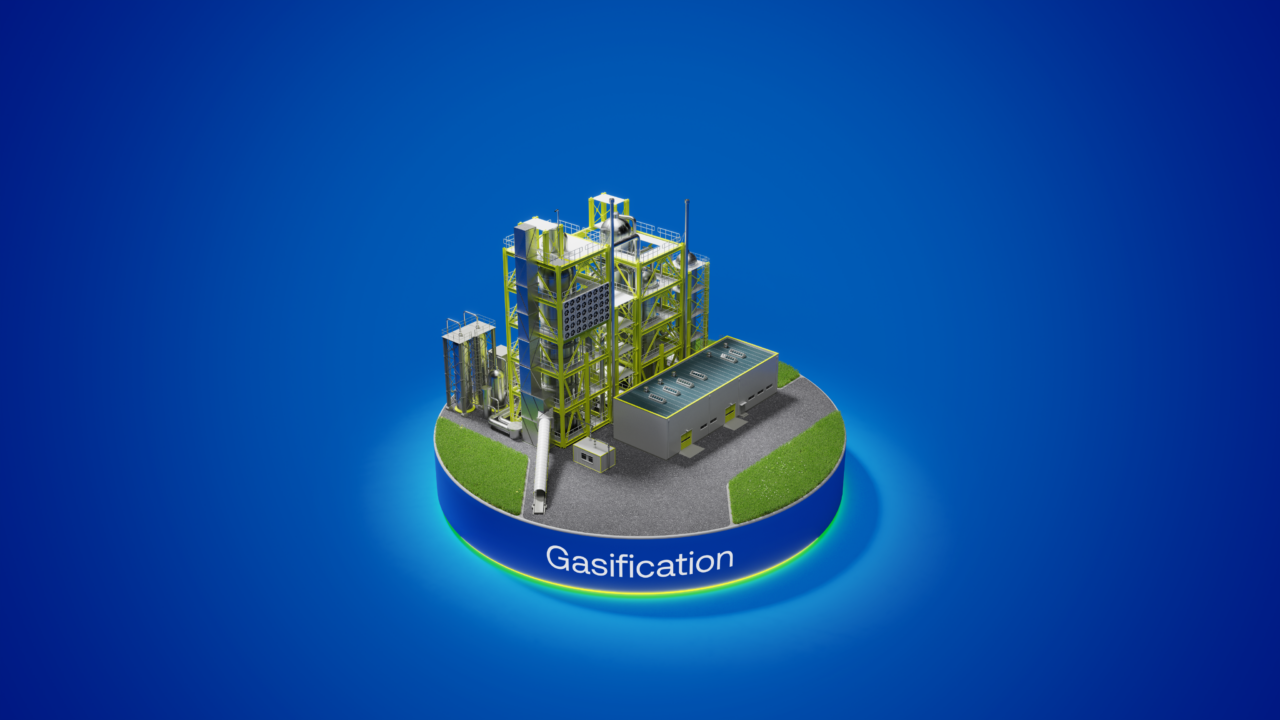 3D illustration of a gasification plant, showcasing industrial structures and equipment used in the gasification process, with the label 'Gasification' prominently displayed.