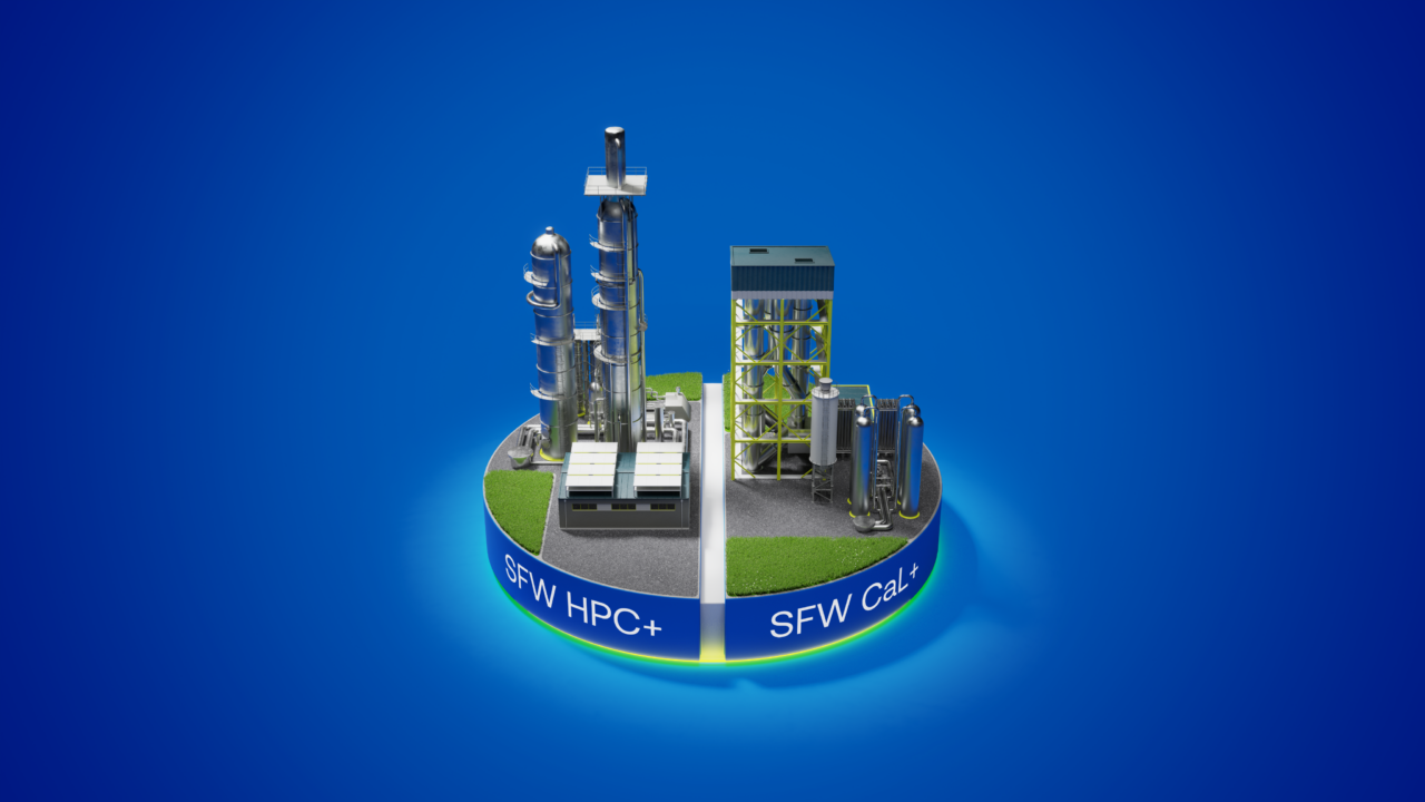 3D illustration of two industrial systems side by side: SFW HPC+ and SFW Cal+, showcasing their respective structures and equipment.